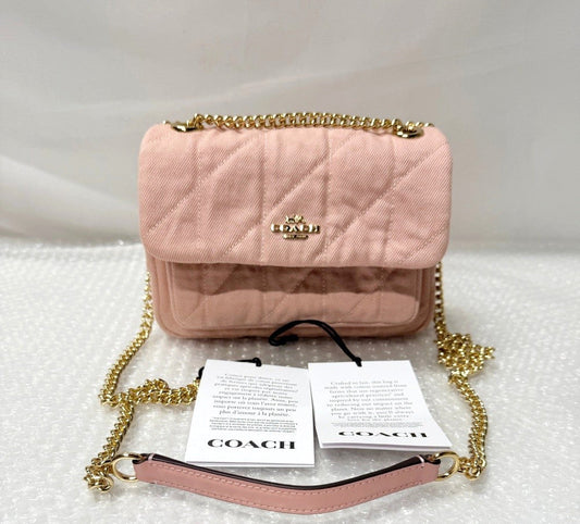 Pink Quilted Denim Crossbody Bag With Loved Detail