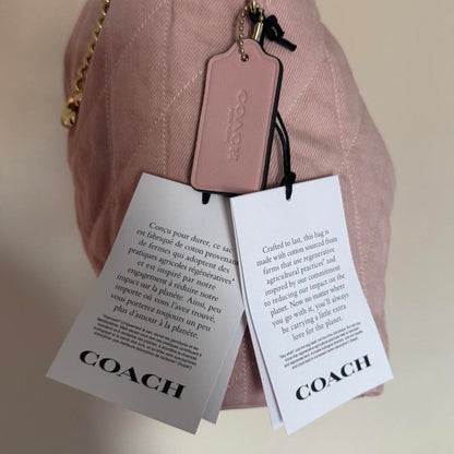 Coach Evelyn Shoulder Bag – Pink Quilted Denim with Charm