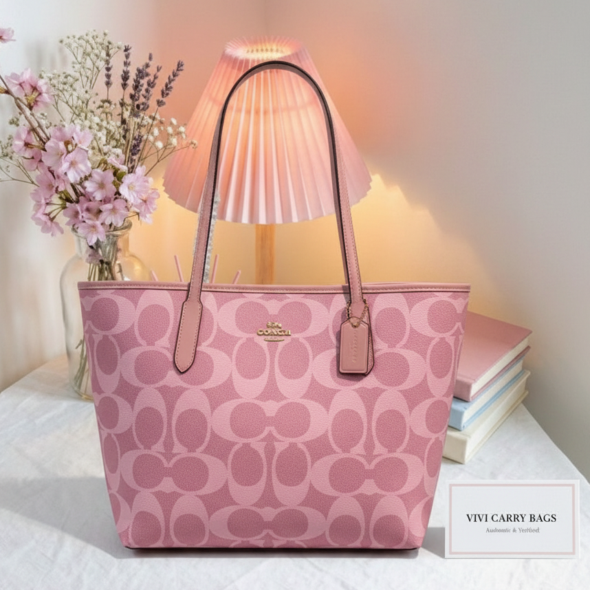Coach Pink Tote – Card Flat Beside Bag