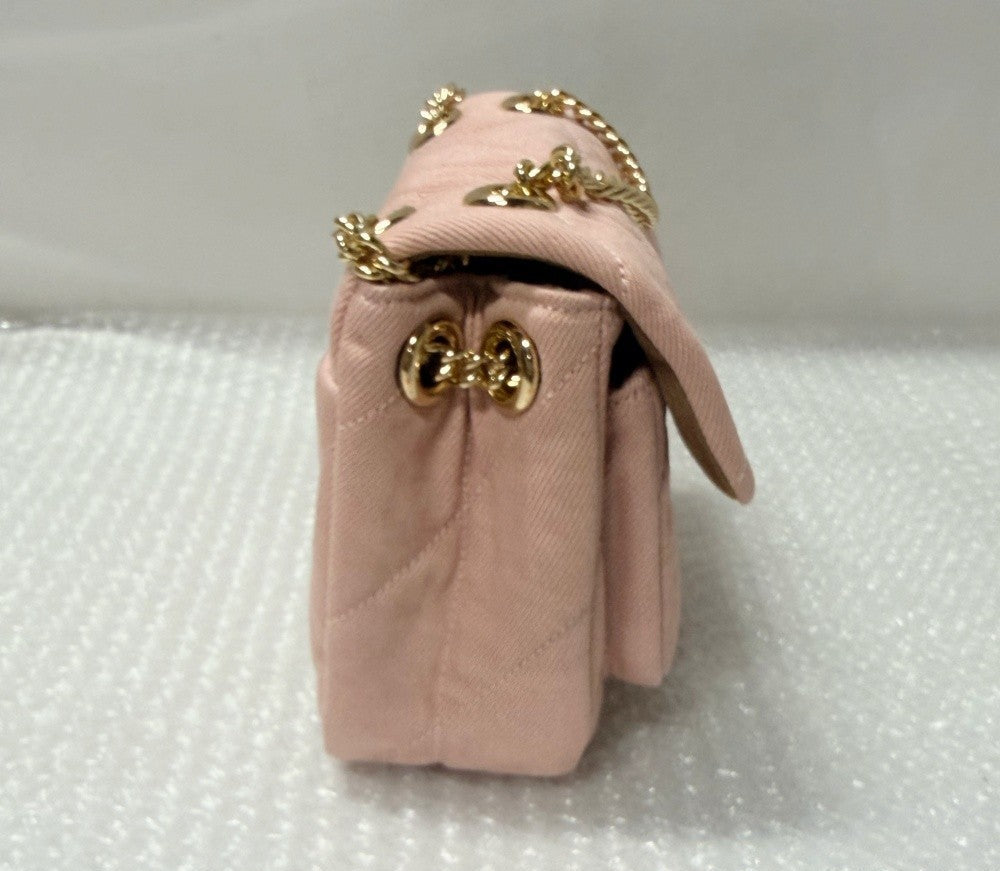 Pink Quilted Denim Crossbody Bag With Loved Detail