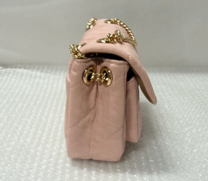 Pink Quilted Denim Crossbody Bag With Loved Detail