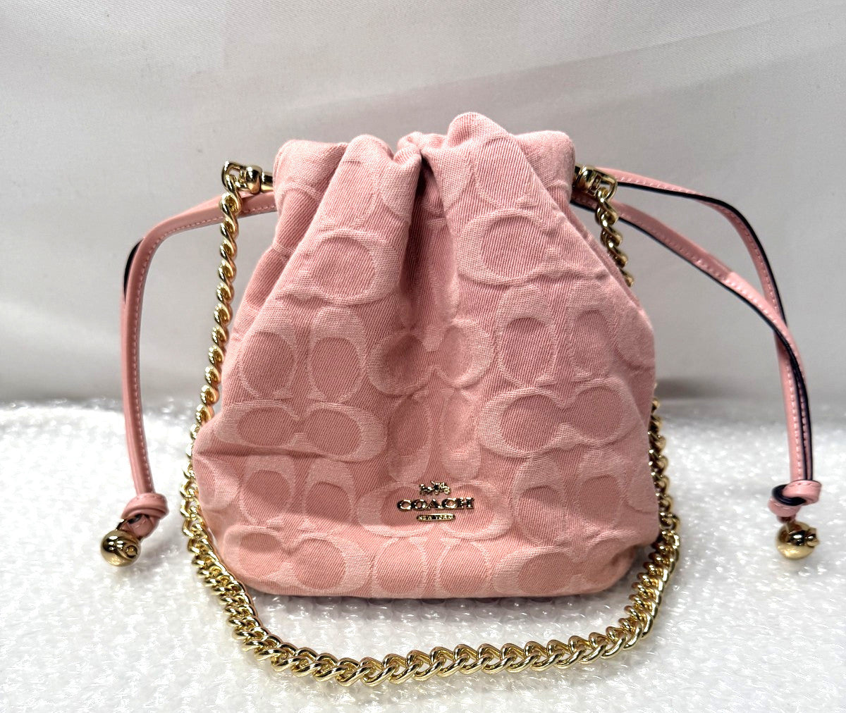 Mini Drawstring Shoulder Bag – Light Pink Denim