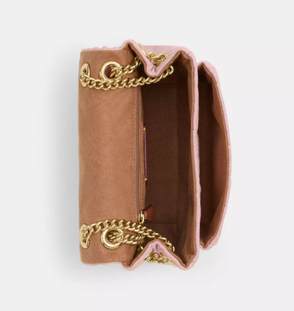 Pink Quilted Denim Crossbody Bag With Loved Detail