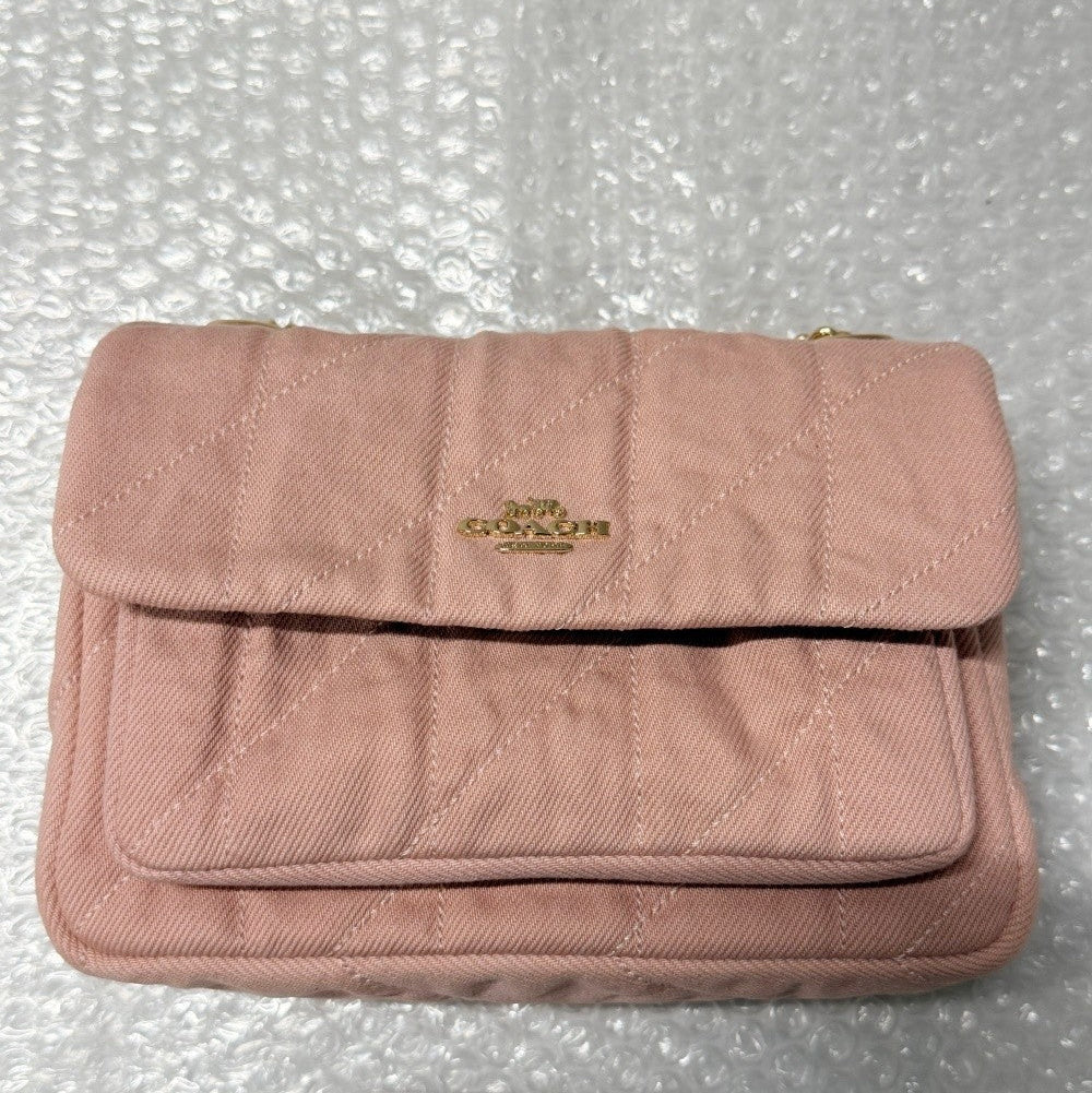 Pink Quilted Denim Crossbody Bag With Loved Detail