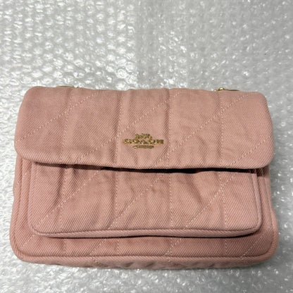 Pink Quilted Denim Crossbody Bag With Loved Detail