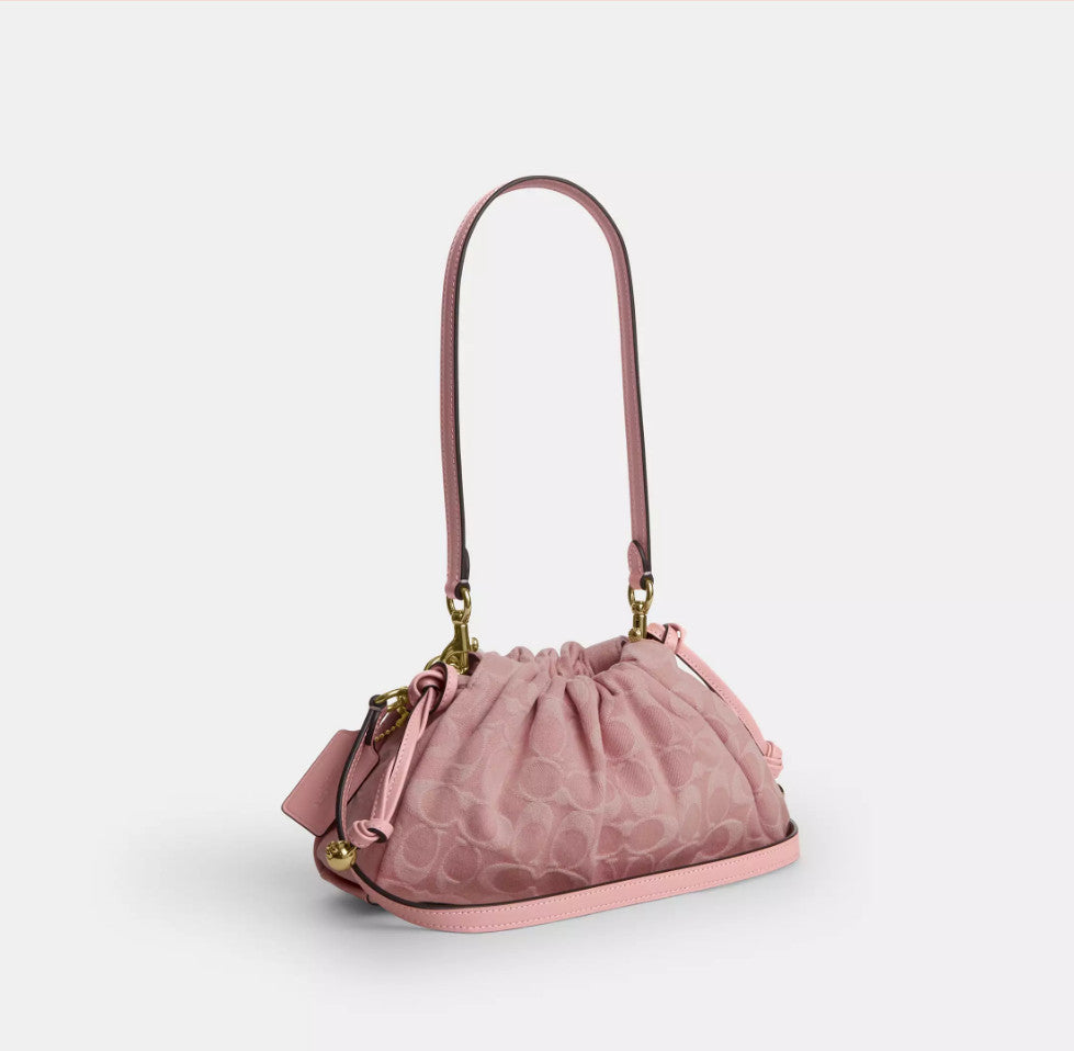Signature Denim Shoulder Bag in Light Pink Leather