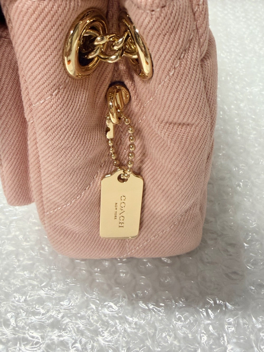 Pink Quilted Denim Crossbody Bag With Loved Detail