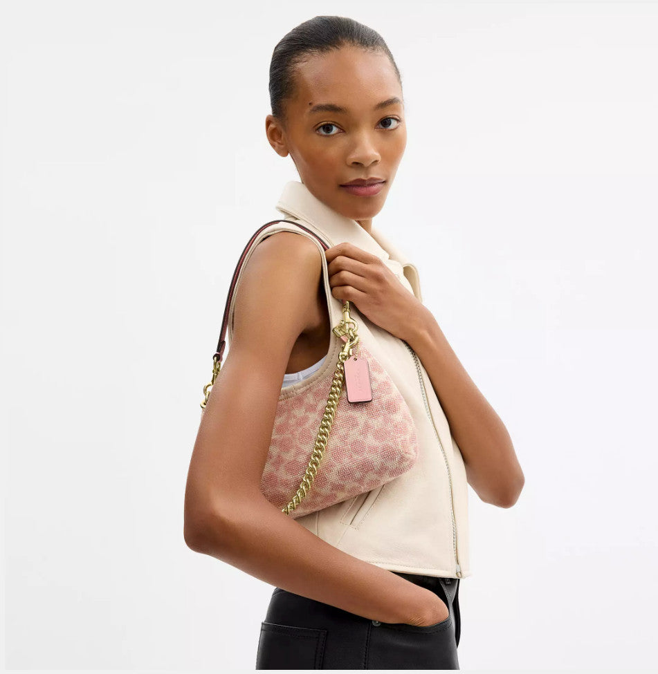 Pink Satin Beaded Shoulder Bag With Sparkle Detail