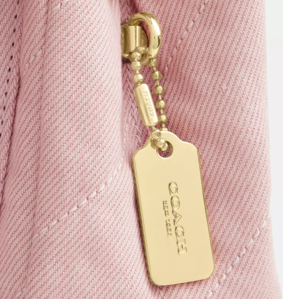 Pink Quilted Denim Crossbody Bag With Loved Detail
