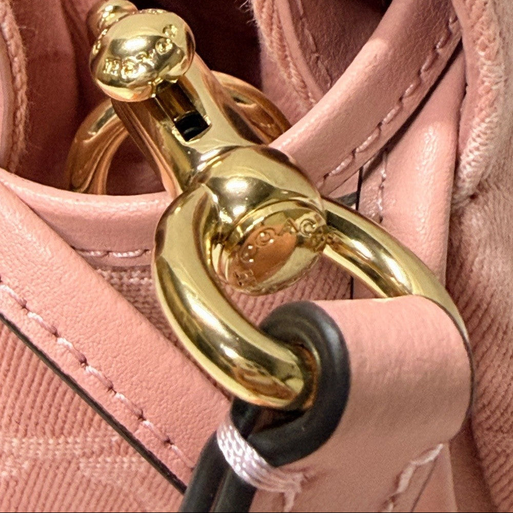 Close-up of a gold dog whistle attached to a pink bag with 'Fancy Tokyo Tokyo' branding.