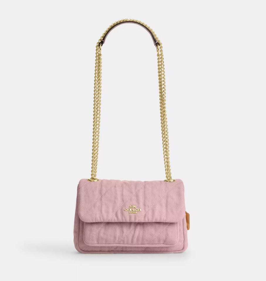 Pink Quilted Denim Crossbody Bag With Loved Detail