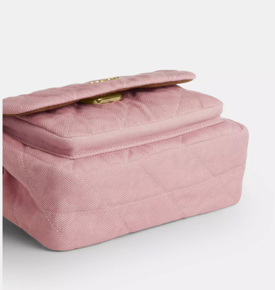 Pink Quilted Denim Crossbody Bag With Loved Detail