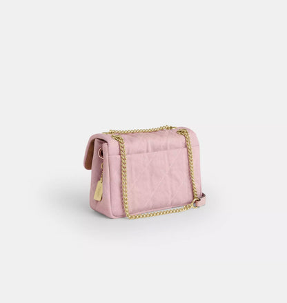 Pink Quilted Denim Crossbody Bag With Loved Detail