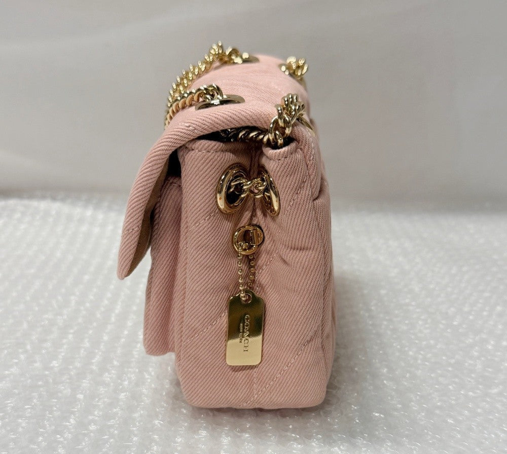 Pink Quilted Denim Crossbody Bag With Loved Detail