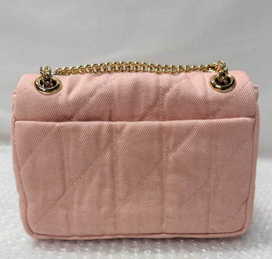 Pink Quilted Denim Crossbody Bag With Loved Detail