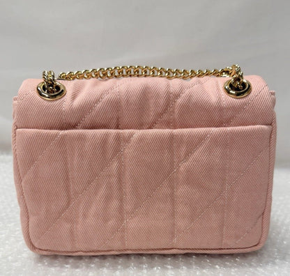 Pink Quilted Denim Crossbody Bag With Loved Detail