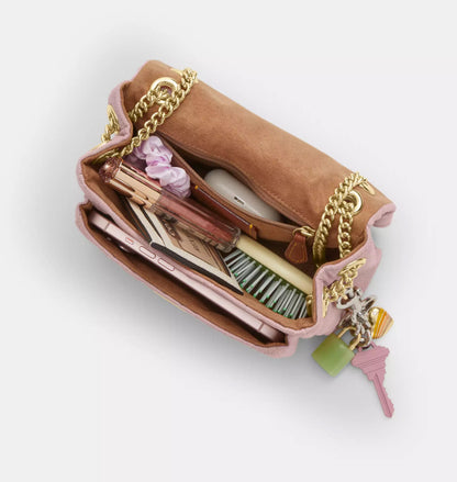 Pink Quilted Denim Crossbody Bag With Loved Detail