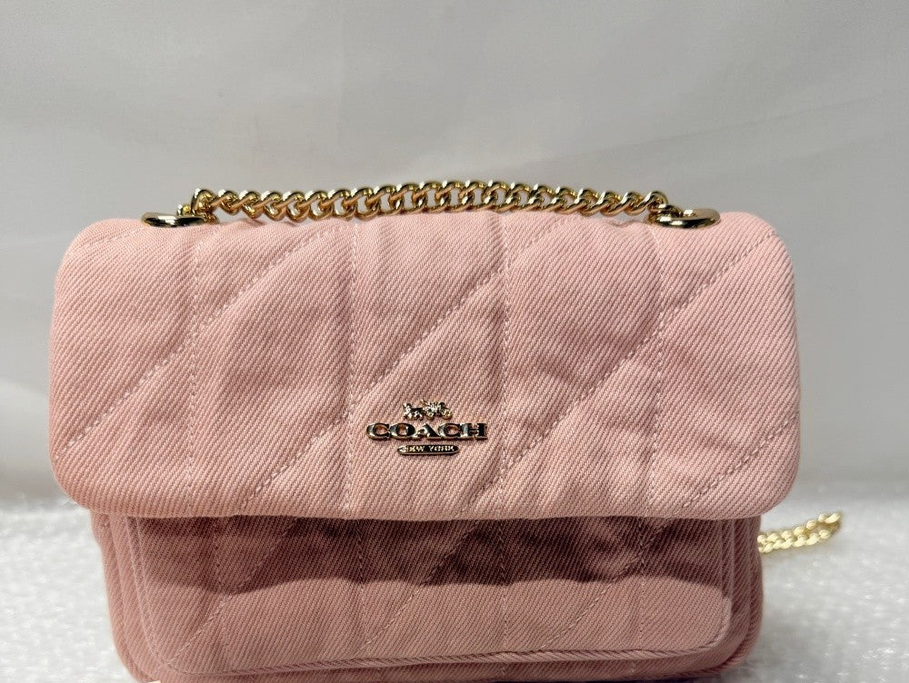 Pink Quilted Denim Crossbody Bag With Loved Detail