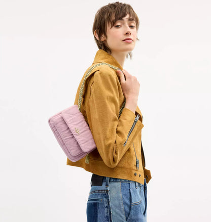 Pink Quilted Denim Crossbody Bag With Loved Detail
