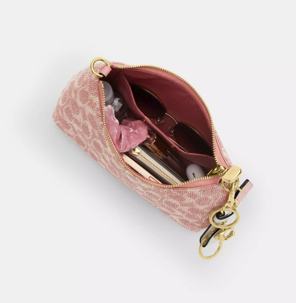 Pink Satin Beaded Shoulder Bag With Sparkle Detail