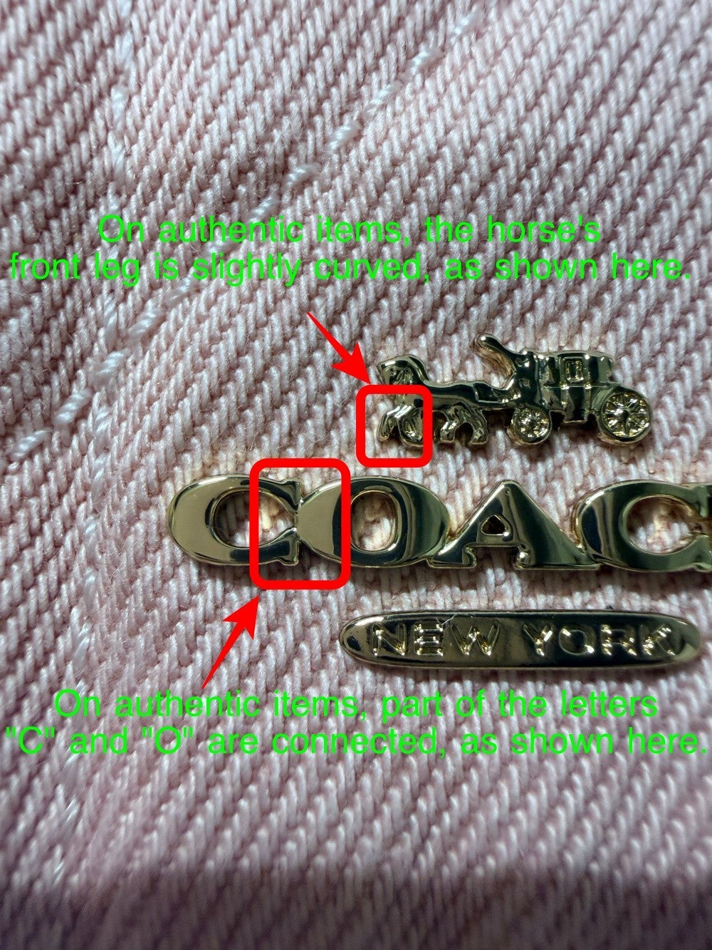 Close-up of a Coach logo on fabric with text indicating features to look for on authentic items.