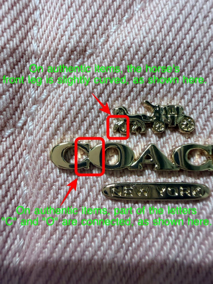 Close-up of a Coach logo on fabric with text indicating features to look for on authentic items.