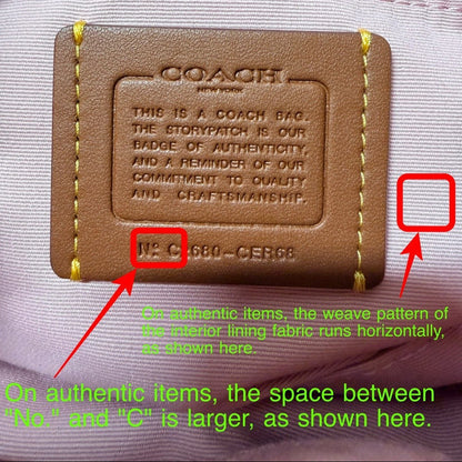 Coach authenticity tag on a pink bag with text explaining how to identify authentic items.