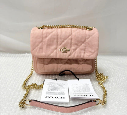 Pink Quilted Denim Crossbody Bag With Loved Detail