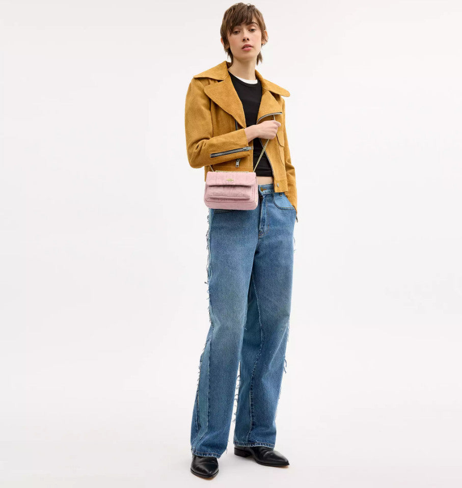 Pink Quilted Denim Crossbody Bag With Loved Detail