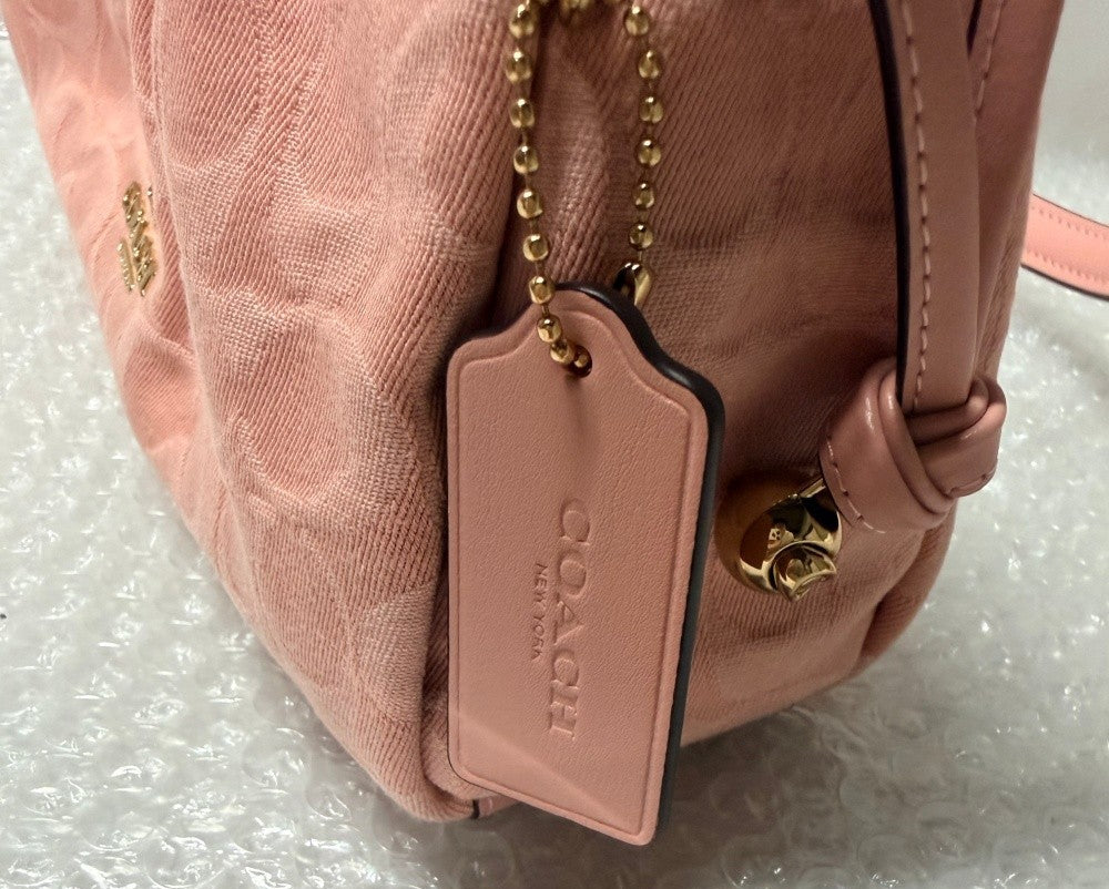 Pink handbag with a gold chain and visible 'Coach' logo on a white surface.