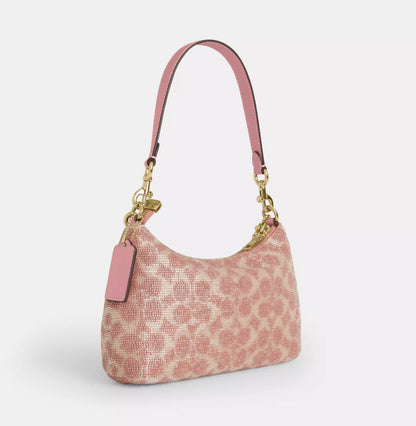 Pink Satin Beaded Shoulder Bag With Sparkle Detail