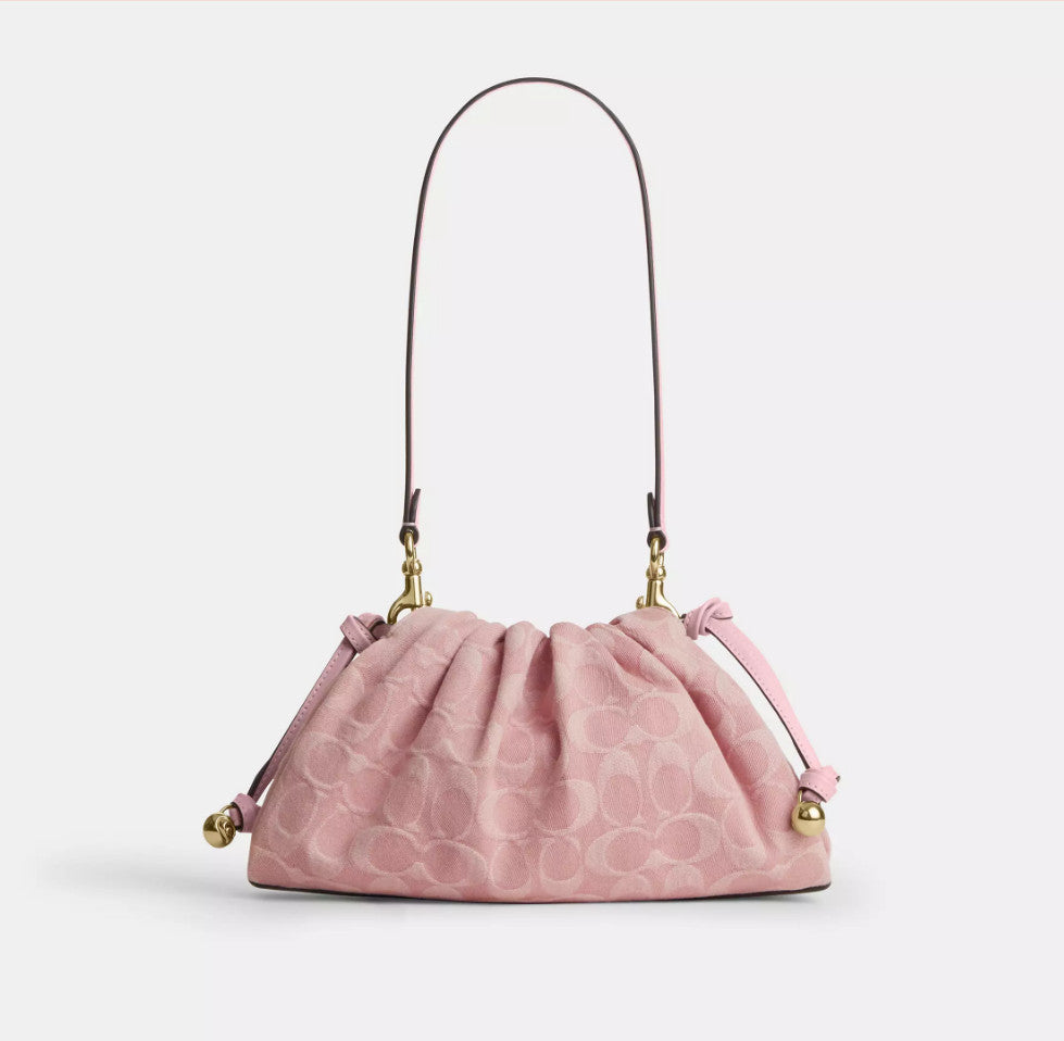 Signature Denim Shoulder Bag in Light Pink Leather