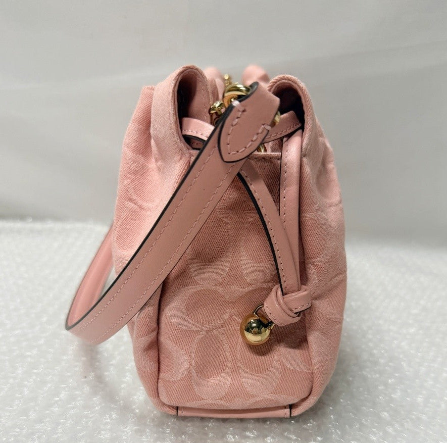 Pink handbag with gold accents on a white surface, next to an orange 'Fancy Tokyo Tokyo' box.