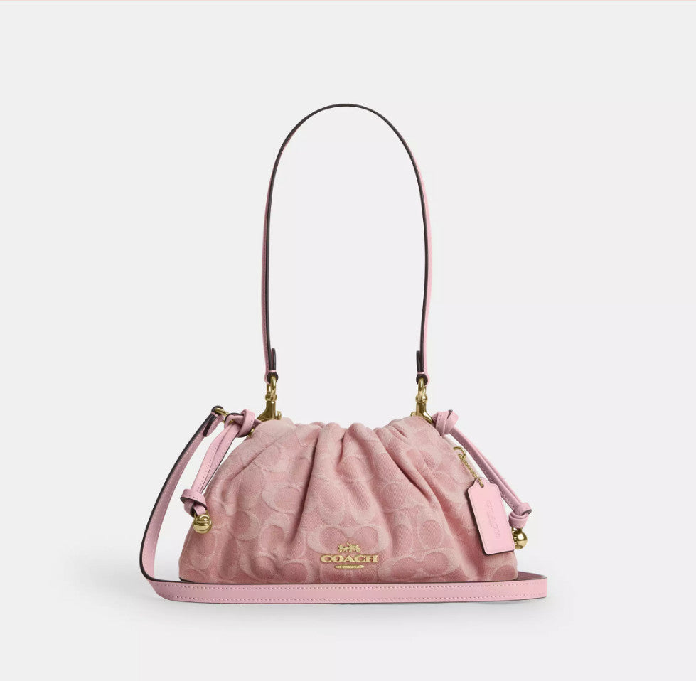Signature Denim Shoulder Bag in Light Pink Leather