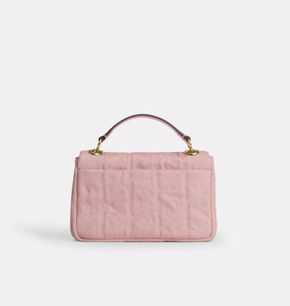 Pink Quilted Denim Crossbody Bag With Loved Detail